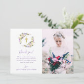 Paarse Floral First Heilige Communauteit Foto Bedankkaart (Staand voorkant)