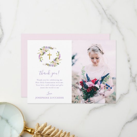 Paarse Floral First Heilige Communauteit Foto Bedankkaart (Voorkant / Achterkant in situ)