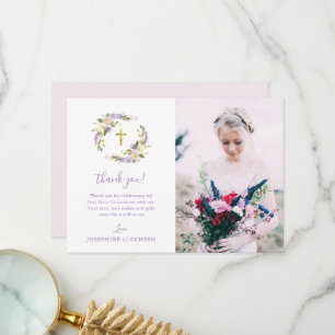 Paarse Floral First Heilige Communauteit Foto Bedankkaart