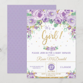 Paarse Floral Flowers Baby shower Het is een meisj Kaart