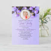 Paarse Floral Foto eerste communie Kaart (Staand voorkant)