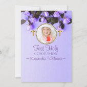 Paarse Floral Foto eerste communie Kaart (Achterkant)