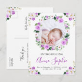 Paarse Floral Foto geboorteaankondiging & bedankt Briefkaart (Voorkant / Achterkant)