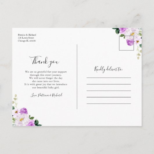 Paarse Floral Foto geboorteaankondiging & bedankt Briefkaart (Achterkant)