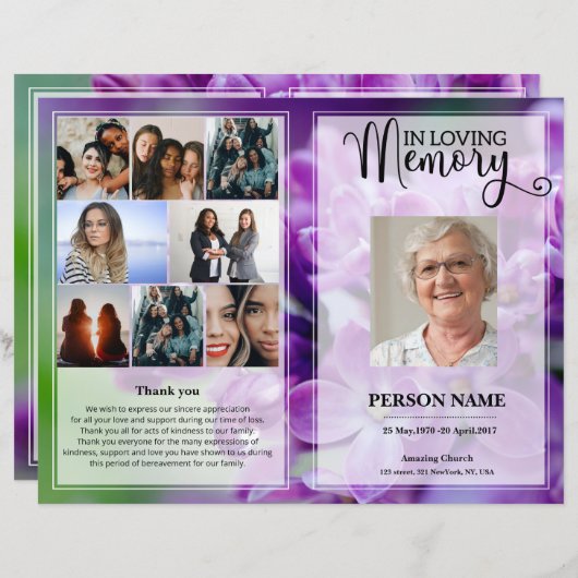 Paarse Floral Funeral Programme sjabloon (Voorkant / Achterkant)