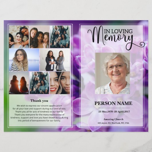 Paarse Floral Funeral Programme sjabloon (Voorkant)