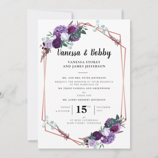 Paarse Floral Geometric Bloom Wedding Kaart (Voorkant)