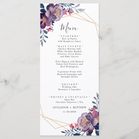 Paarse Floral Geometric Botanical Modern Weddensch Menu (Voorkant)
