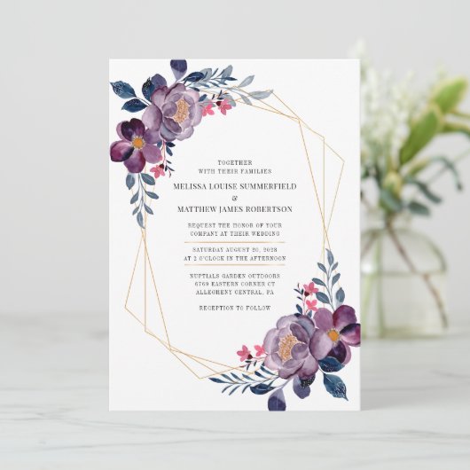 Paarse Floral Geometric Botanical Weddenschap Kaart (Staand voorkant)
