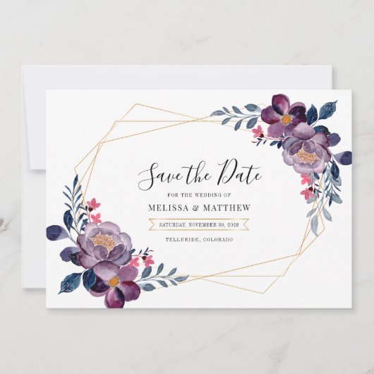 Paarse Floral Geometric Botanical Weddenschap Save The Date (Voorkant)