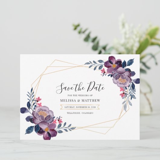 Paarse Floral Geometric Botanical Weddenschap Save The Date (Staand voorkant)