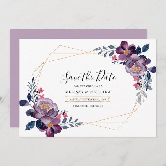 Paarse Floral Geometric Botanical Weddenschap Save The Date (Voorkant / Achterkant)
