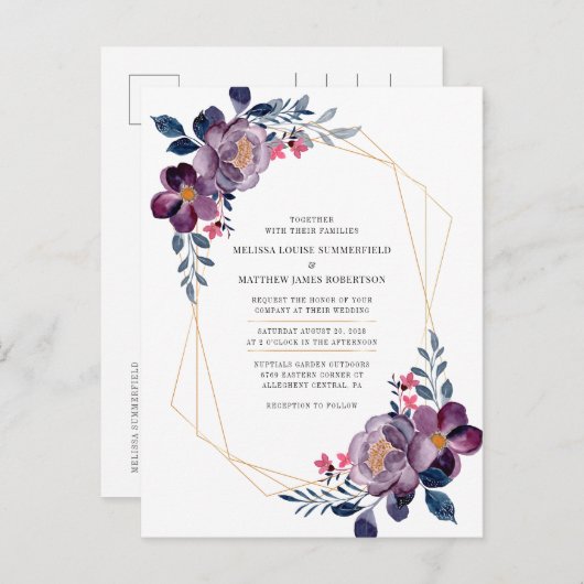 Paarse Floral Geometric Botanical Weddenschap Uitnodiging Briefkaart (Voorkant / Achterkant)