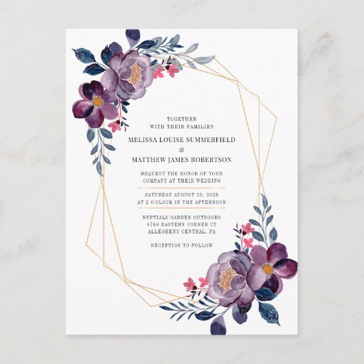 Paarse Floral Geometric Botanical Weddenschap Uitnodiging Briefkaart (Voorkant)