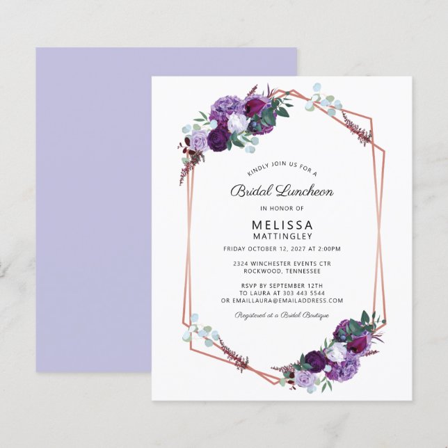 Paarse Floral Geometric Bridal Luncheon (Voorkant / Achterkant)