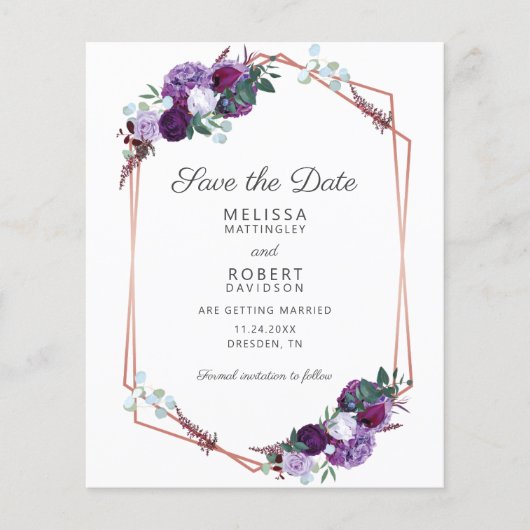 Paarse Floral Geometric Manuscript sparen de Datum (Voorkant)