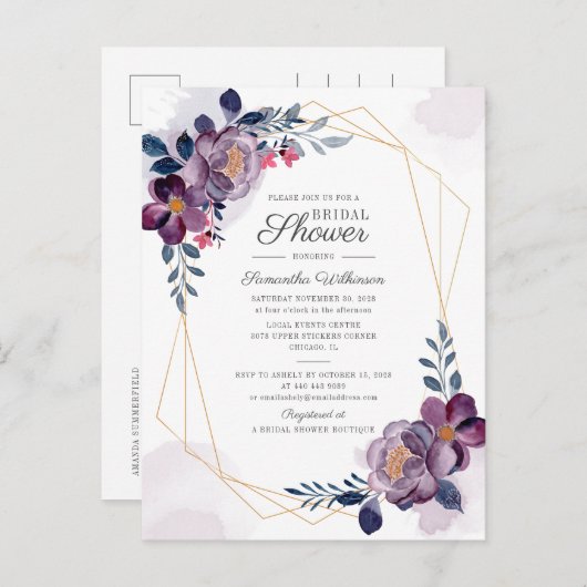 Paarse Floral Geometric Script Vrijgezellenfeest Uitnodiging Briefkaart (Voorkant / Achterkant)