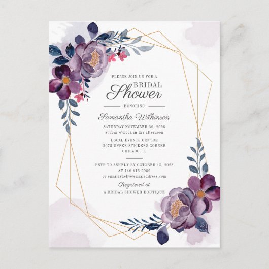 Paarse Floral Geometric Script Vrijgezellenfeest Uitnodiging Briefkaart (Voorkant)
