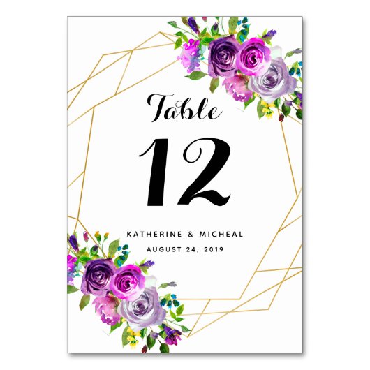 Paarse Floral Geometric Wedding Table Numbers Kaart (Voorkant)