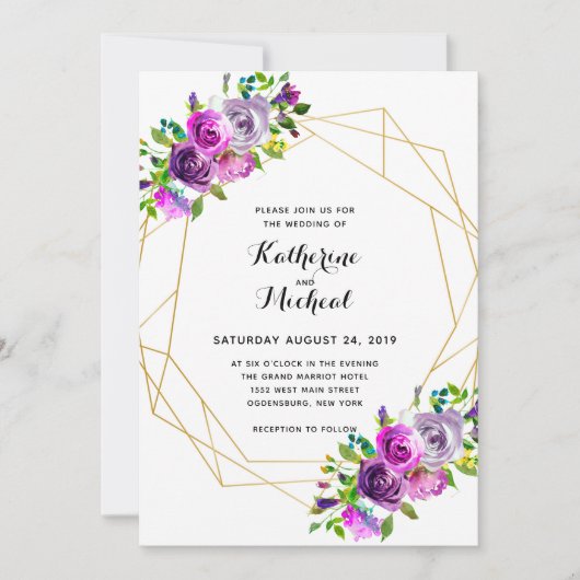 Paarse Floral Geometric Wedding Uitnodiging (Voorkant)