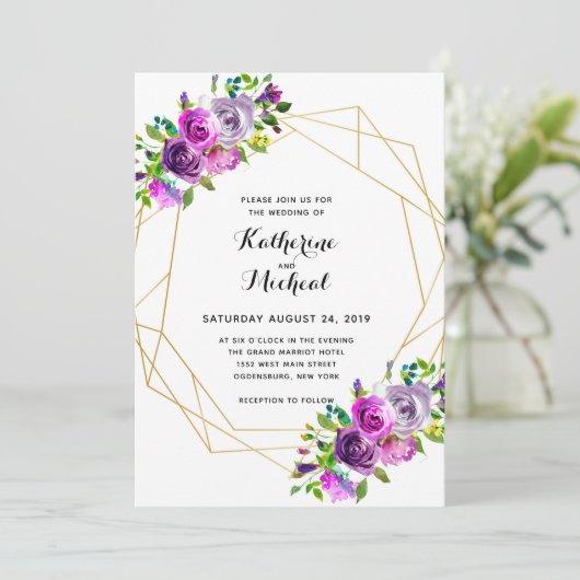 Paarse Floral Geometric Wedding Uitnodiging (Staand voorkant)