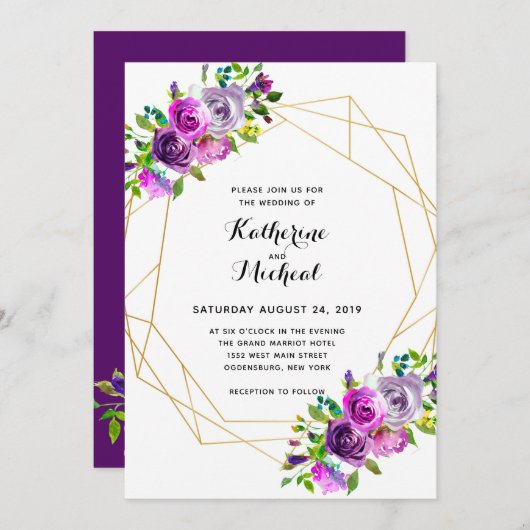 Paarse Floral Geometric Wedding Uitnodiging (Voorkant / Achterkant)