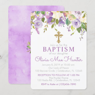 Paarse Floral Girl Baptism Kaart