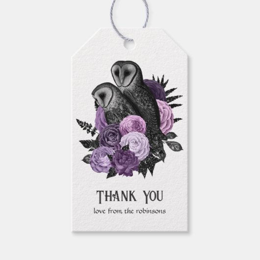 Paarse Floral Glam Gothic Owls Cadeaulabel (Voorkant)