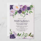 Paarse Floral Glitter 100th Birthday Kaart (Voorkant)