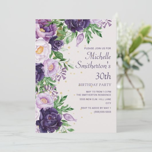 Paarse Floral Glitter 30th Birthday Kaart (Staand voorkant)