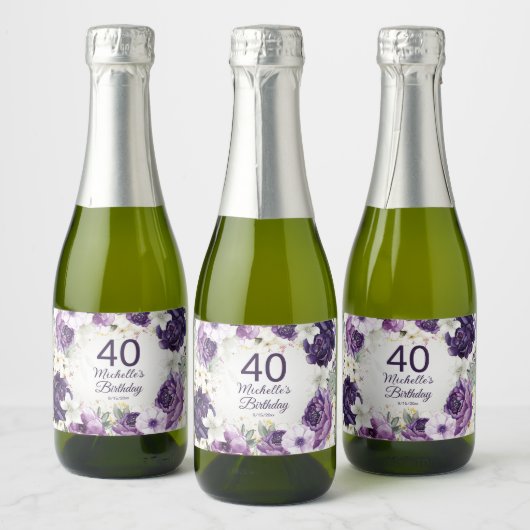 Paarse Floral Glitter 40th Birthday Name Sparkling Wijnetiket (Flessen)