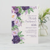 Paarse Floral Glitter 60th Birthday Kaart (Staand voorkant)