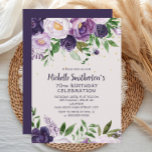 Paarse Floral Glitter 70th Birthday Invitation Kaart<br><div class="desc">paarse en lavenderpinda's/waterverf florale en groene bladeren met goudglitter op uitnodiging van een beige 70e verjaardagspartij. Neem contact met mij op voor hulp bij aanpassingen of voor het aanvragen van matching of het coördineren van Zazzle-producten.</div>