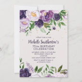 Paarse Floral Glitter 75th Birthday Invitation Kaart (Voorkant)