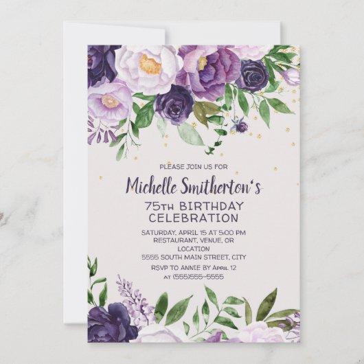 Paarse Floral Glitter 75th Birthday Invitation Kaart (Voorkant)