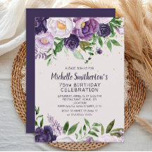 Paarse Floral Glitter 75th Birthday Invitation