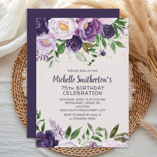 Paarse Floral Glitter 75th Birthday Invitation Kaart