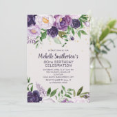 Paarse Floral Glitter 80th Birthday Invitation Kaart (Staand voorkant)