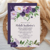 Paarse Floral Glitter 80th Birthday Invitation Kaart