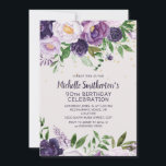 Paarse Floral Glitter 90th Birthday Invitation Kaart<br><div class="desc">paarse en lavenderpinda's/waterverf florale en groene bladeren met goudglitter op een beige uitnodiging van de 90e verjaardag. Neem contact met mij op voor hulp bij aanpassingen of voor het aanvragen van matching of het coördineren van Zazzle-producten.</div>