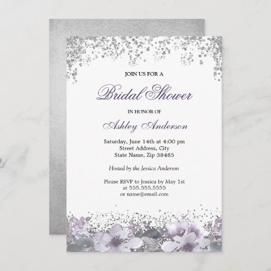 Paarse Floral Glitter Bridal Shower Kaart (Voorkant / Achterkant)