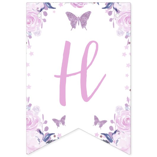 Paarse Floral Glitter Butterfly Birthday Banner (Tweede vlag)
