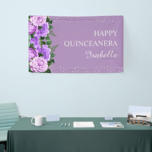 Paarse Floral Glitter Happy Quinceañera Spandoek (Beurs)