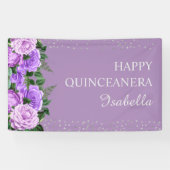 Paarse Floral Glitter Happy Quinceañera Spandoek (Horizontaal)