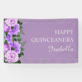 Paarse Floral Glitter Happy Quinceañera Spandoek