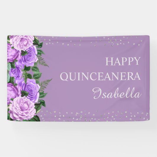 Paarse Floral Glitter Happy Quinceañera Spandoek (Horizontaal)