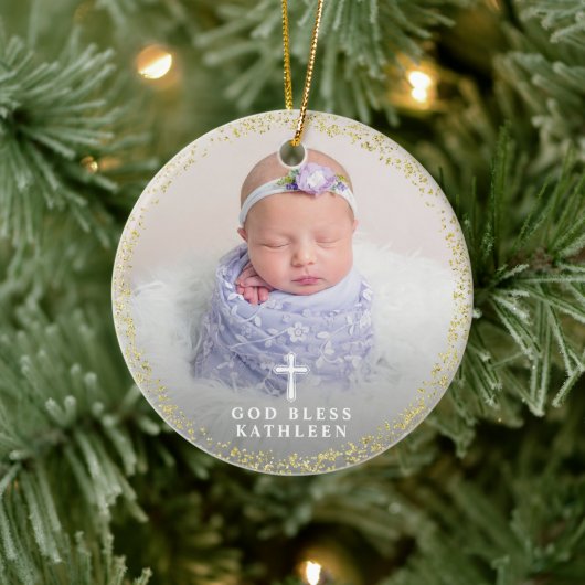 Paarse Floral Gold Baptism Aangepast foto-religie Keramisch Ornament (Boom)