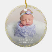 Paarse Floral Gold Baptism Aangepast foto-religie Keramisch Ornament (Voorkant)