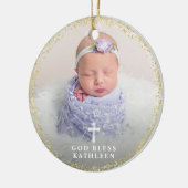 Paarse Floral Gold Baptism Aangepast foto-religie Keramisch Ornament (Links)