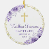Paarse Floral Gold Baptism Aangepast foto-religie Keramisch Ornament (Achterkant)